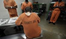 Incarcerated people are seen in step-down area of the mental heath unit at the Harris County jail. Image via ERIC GAY/AP PHOTO